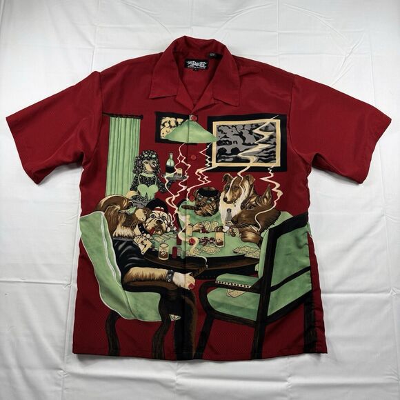 VTG Dragonfly Clothing Company Men XL AOP Dog Playing Poker Billiard Smoke Cigar - Picture 1 of 15